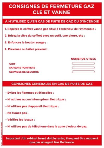 consigne de fermeture gaz – clé et vanne