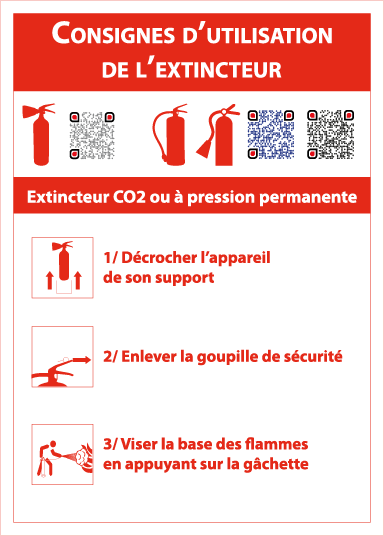 consignes d’utilisation de l’extincteur co2 ou à pression permanente – qr code – panneau de signalisation 15 x 20 cm