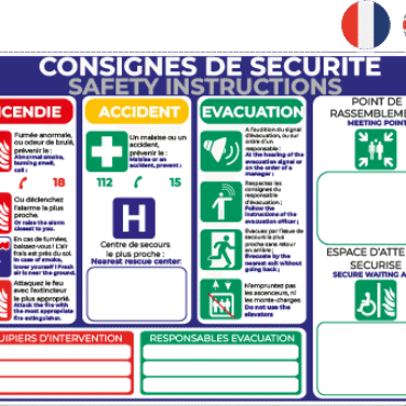 consignes de sécurité (français / anglais) – panneau de signalisation